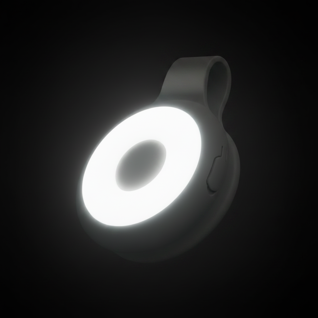 KlipIt grey magnetic clip-on ring light glowing in dark studio